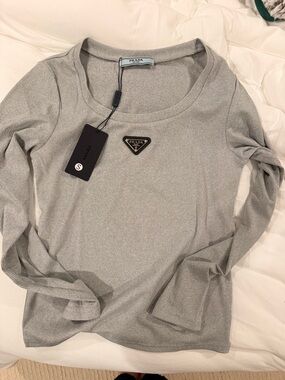Prada Light Gray Ribbed Scoop-Neck Long Sleeve Top